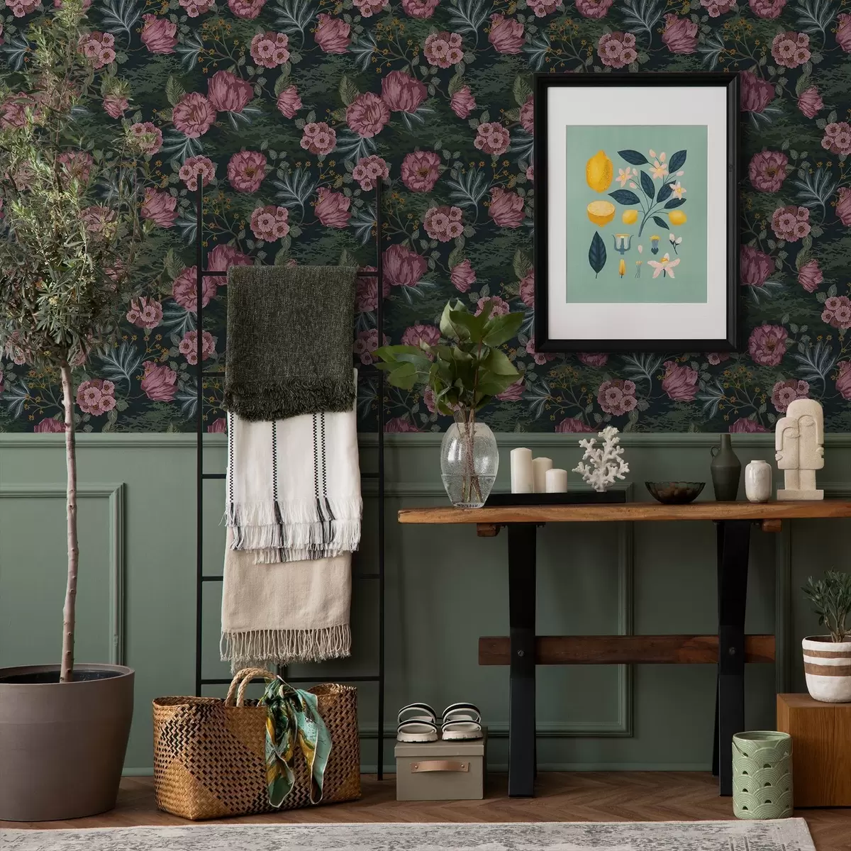 Bakgrunn Mørk flora med rosa blomster og blader, mørk bakgrunn a00724