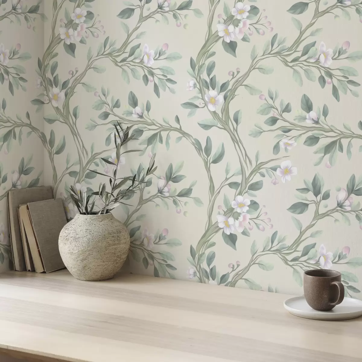 Bakgrunn Delikate blomstrende grener på kremfarget bakgrunn, pastellfarger a00793