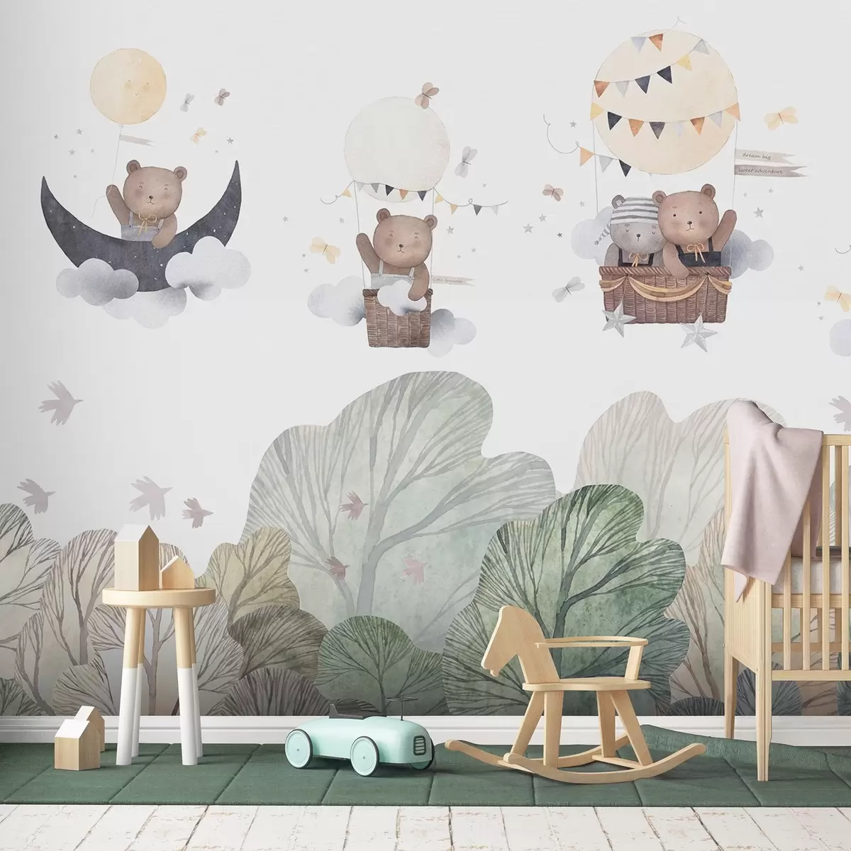 fototapeter Akvarellstil ballonger med bjørner over skogen w09437