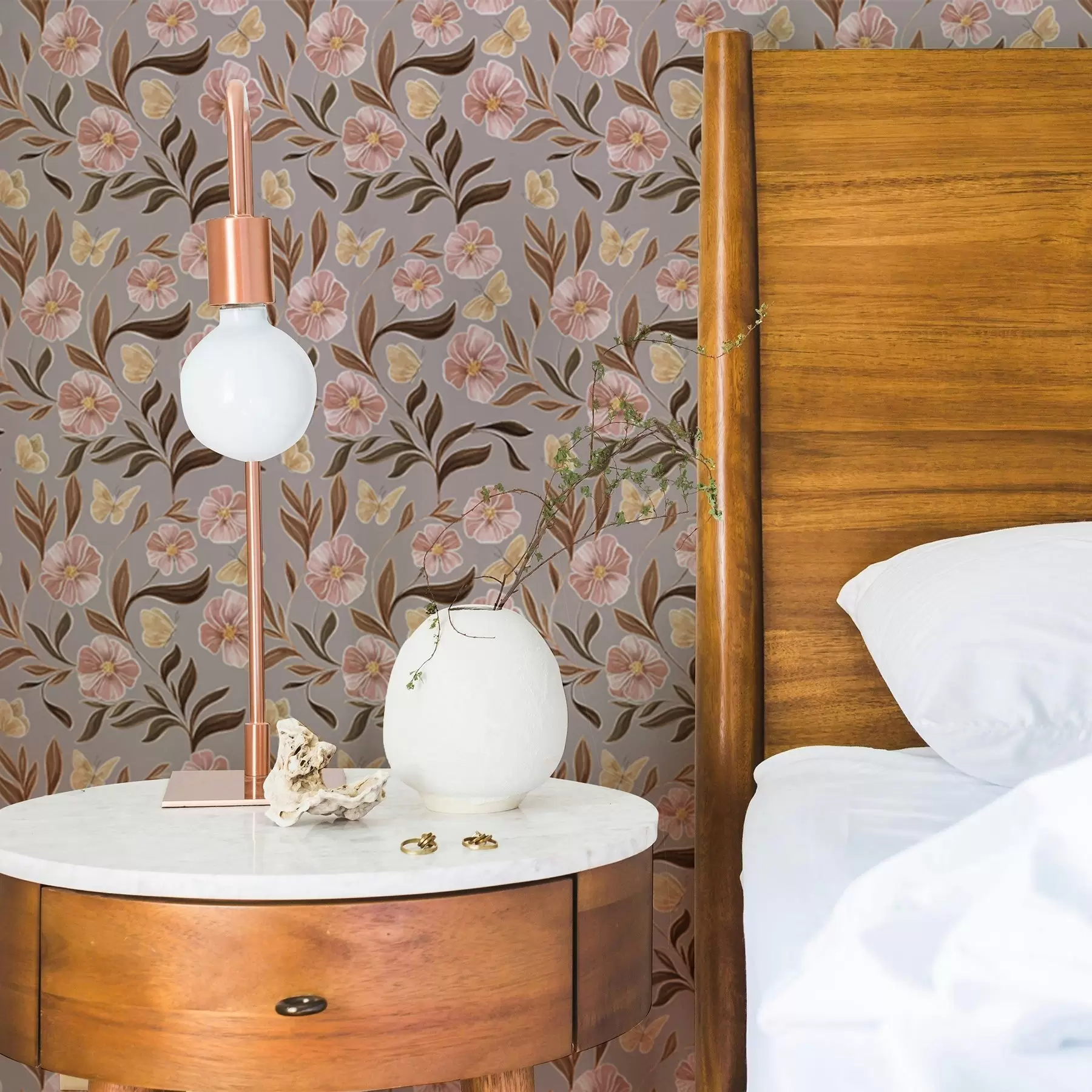 fototapeter Rosa blomster og sommerfugler på en gråbeige bakgrunn a00633