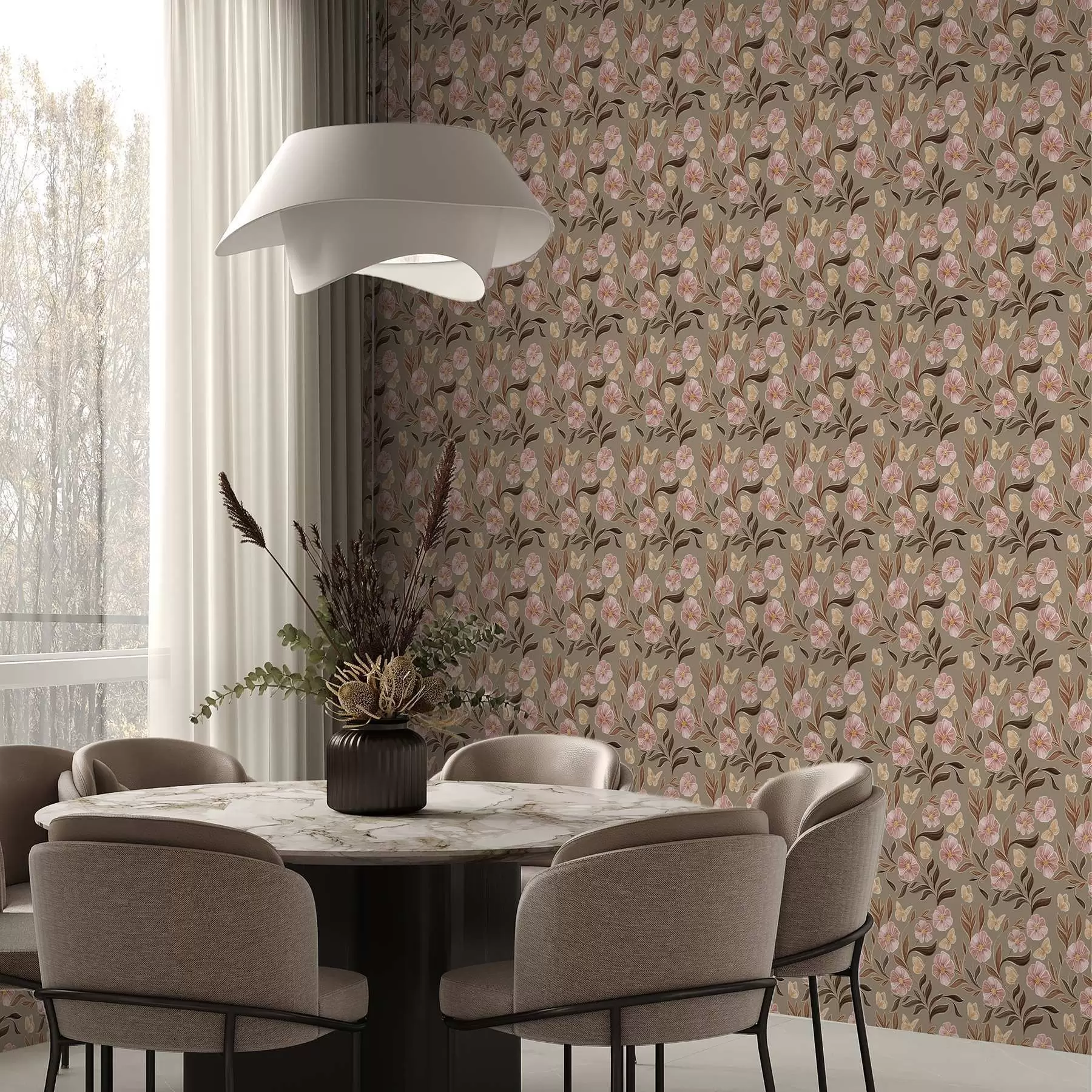 fototapeter Rosa blomster og sommerfugler på en olivenbeige bakgrunn a00633v2