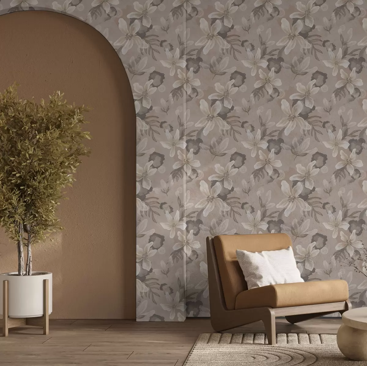 Bakgrunn Store beige blomster med abstrakte akvarellflekker a00635