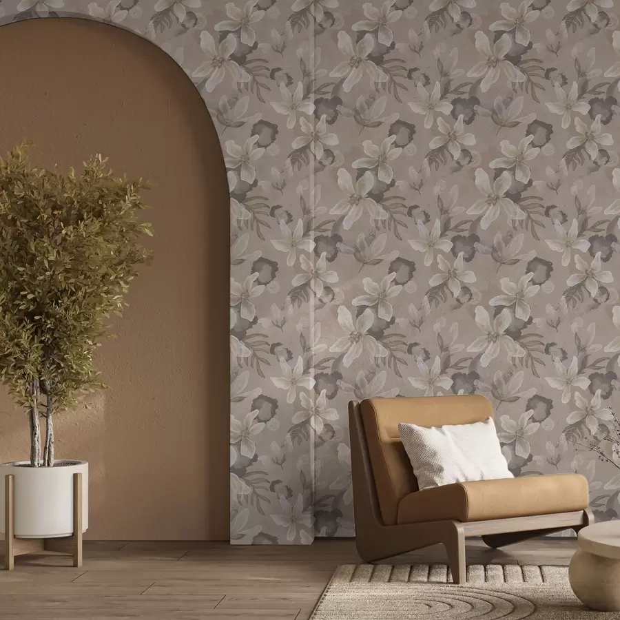 fototapeter Store beige blomster med abstrakte akvarellflekker a00635