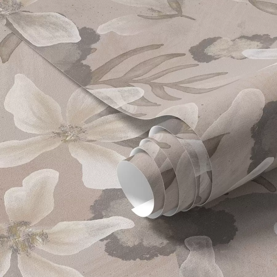 fototapeter Store beige blomster med abstrakte akvarellflekker a00635