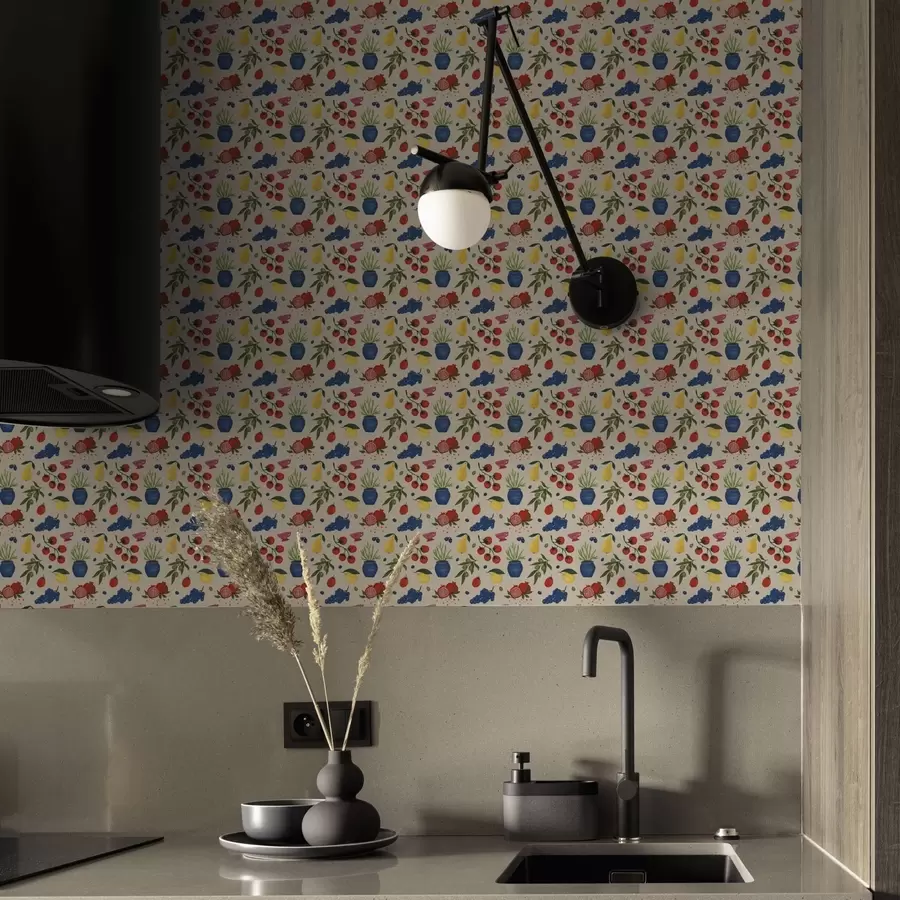 fototapeter Levende mønster med frukt, grener og vaser a00637