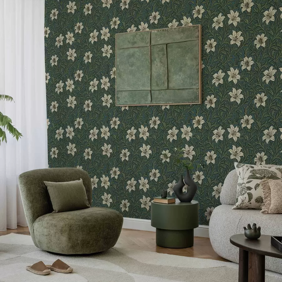 fototapeter Kremfargede liljer blant tett grønt på turkis bakgrunn a00645