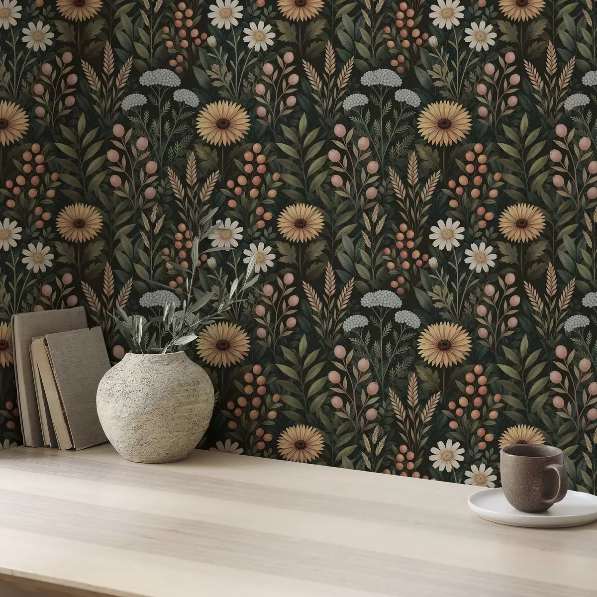 Bakgrunn Villblomster og bær på mørk bakgrunn, naturlig ornament a00707