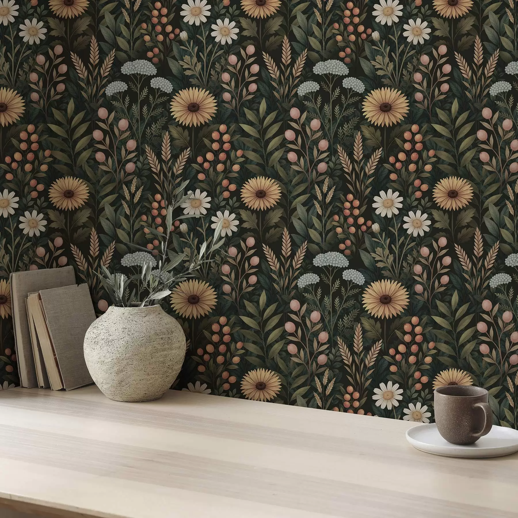 fototapeter Villblomster og bær på mørk bakgrunn, naturlig ornament a00707