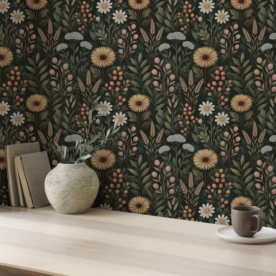 fototapeter Villblomster og bær på mørk bakgrunn, naturlig ornament a00707