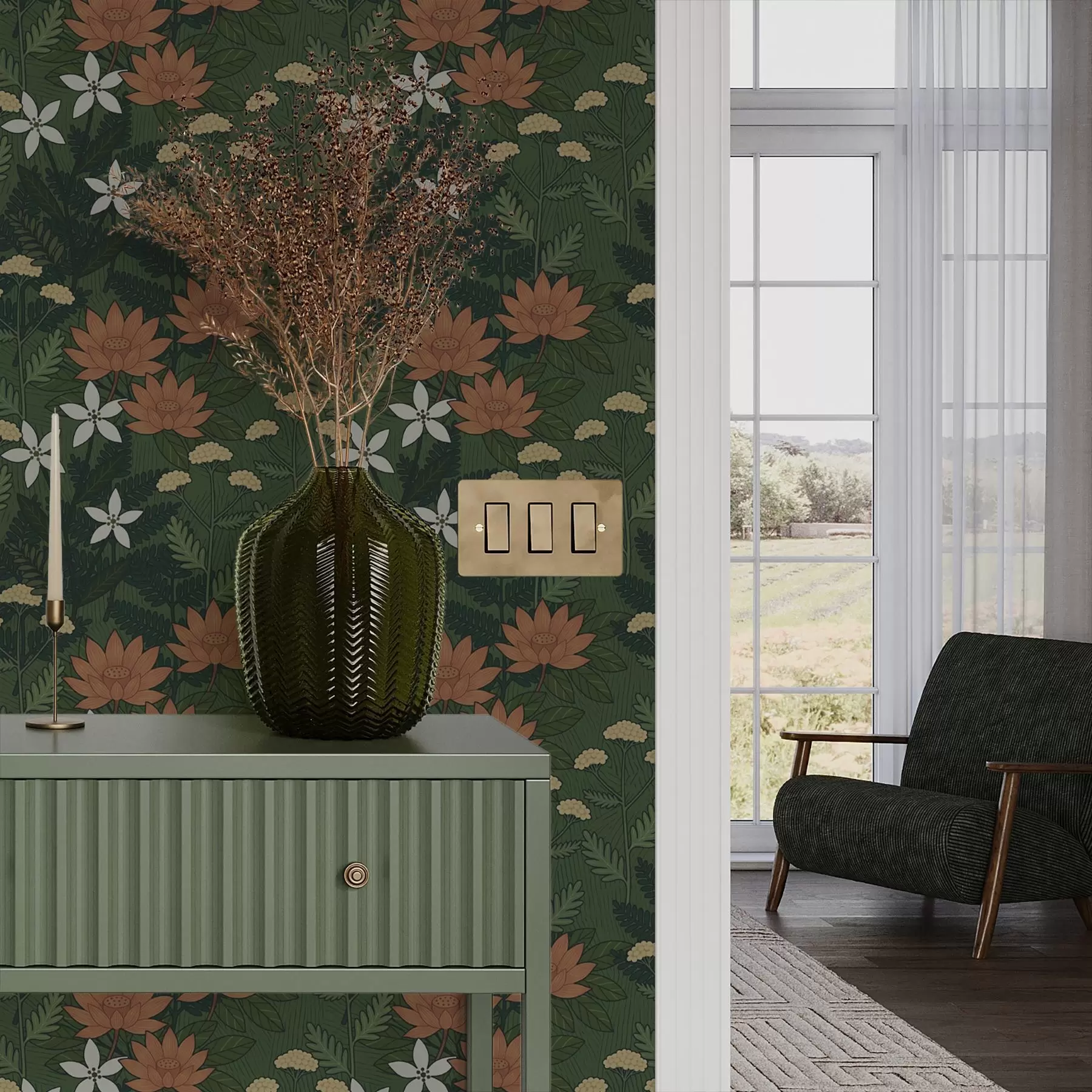 fototapeter Store blomster blant grønt løvverk, dekorativ komposisjon a00708