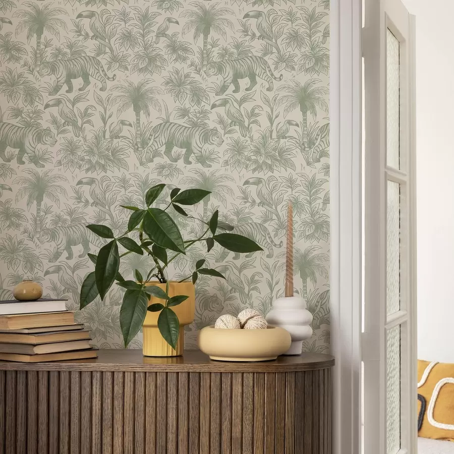 fototapeter Tigre og tropiske fugler blant palmer på en lys bakgrunn a00711