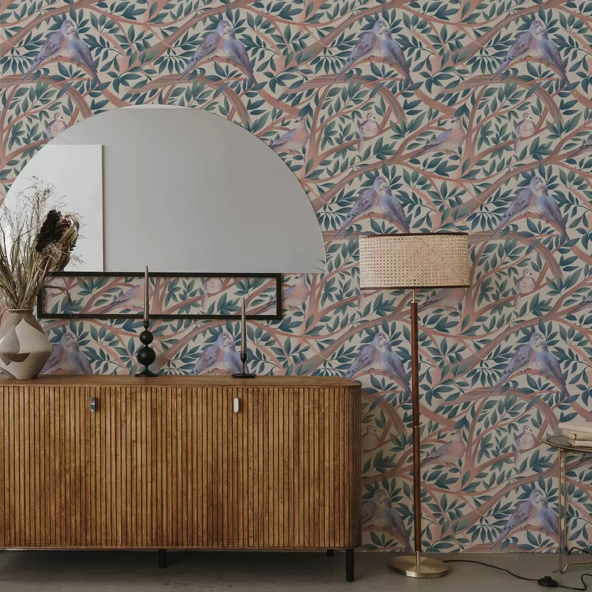 Bakgrunn Duer blant grener og blader i en myk pastellpalett a00796