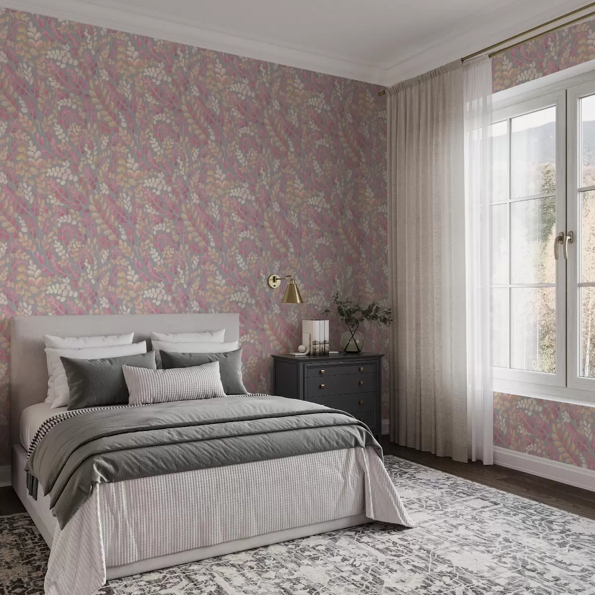 Bakgrunn Pastellfargede grener med rosa-ferskenfarget løvverk på grå bakgrunn a00799v1