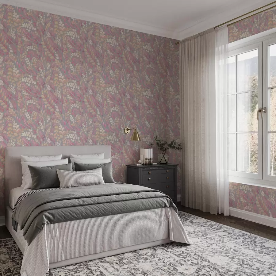 fototapeter Pastellfargede grener med rosa-ferskenfarget løvverk på grå bakgrunn a00799v1