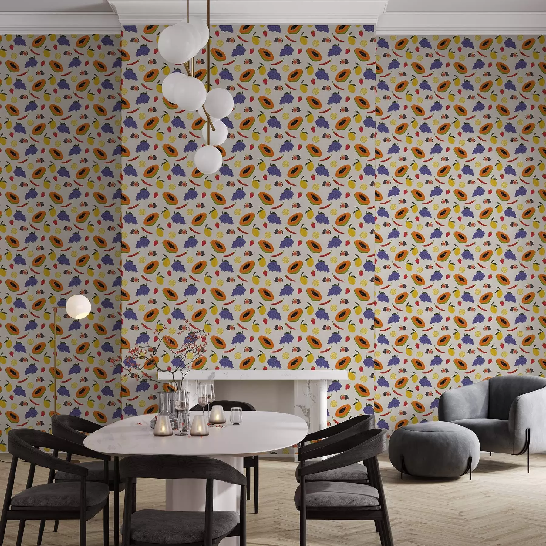 fototapeter Papaya, druer og sitroner — en fargerik fruktblanding a00803