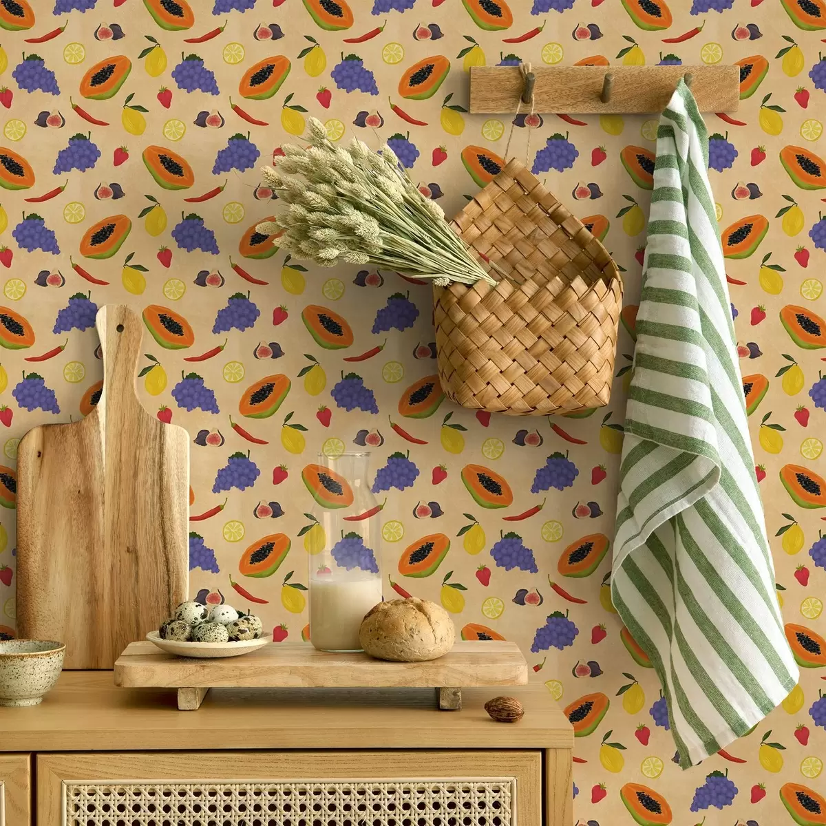 Bakgrunn Papaya, sitrusfrukter og bær på en rik, varm bakgrunn a00803v1