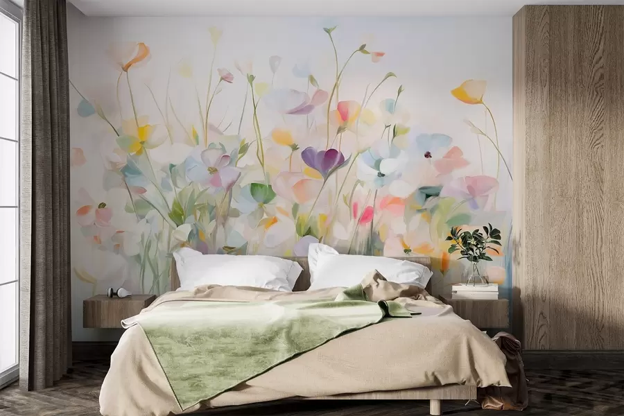 fototapeter Abstrakt felt med fargerike blomster med lange stilker og grønne blader, strukturert, pastellfarger, lyse farger w09466