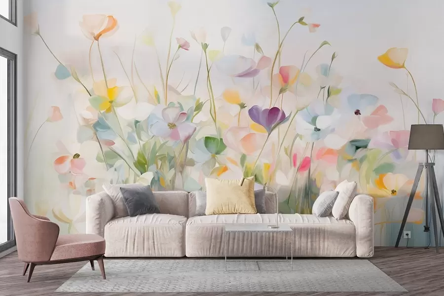 fototapeter Abstrakt felt med fargerike blomster med lange stilker og grønne blader, strukturert, pastellfarger, lyse farger w09466
