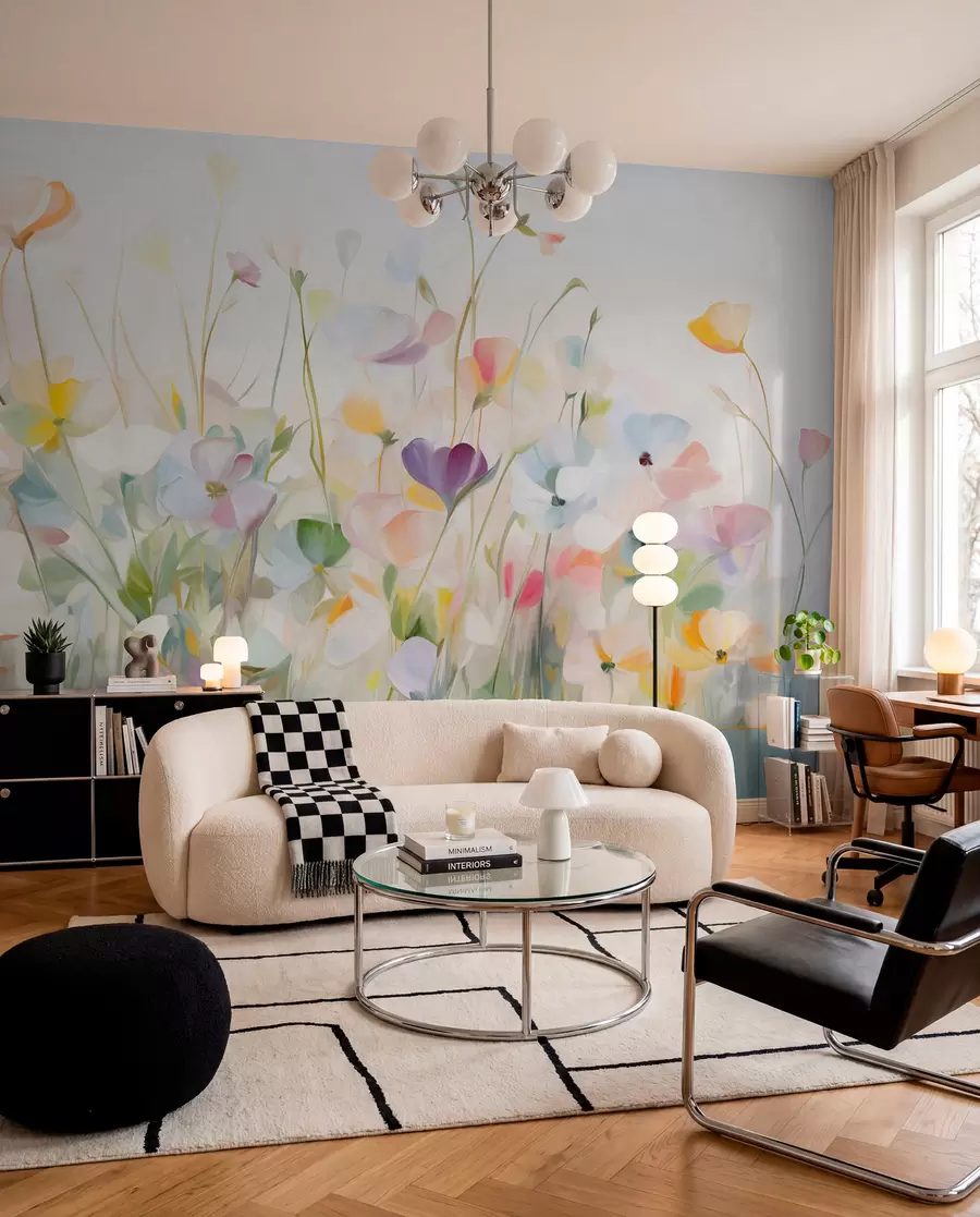 fototapeter Abstrakt felt med fargerike blomster med lange stilker og grønne blader, strukturert, pastellfarger, lyse farger w09466