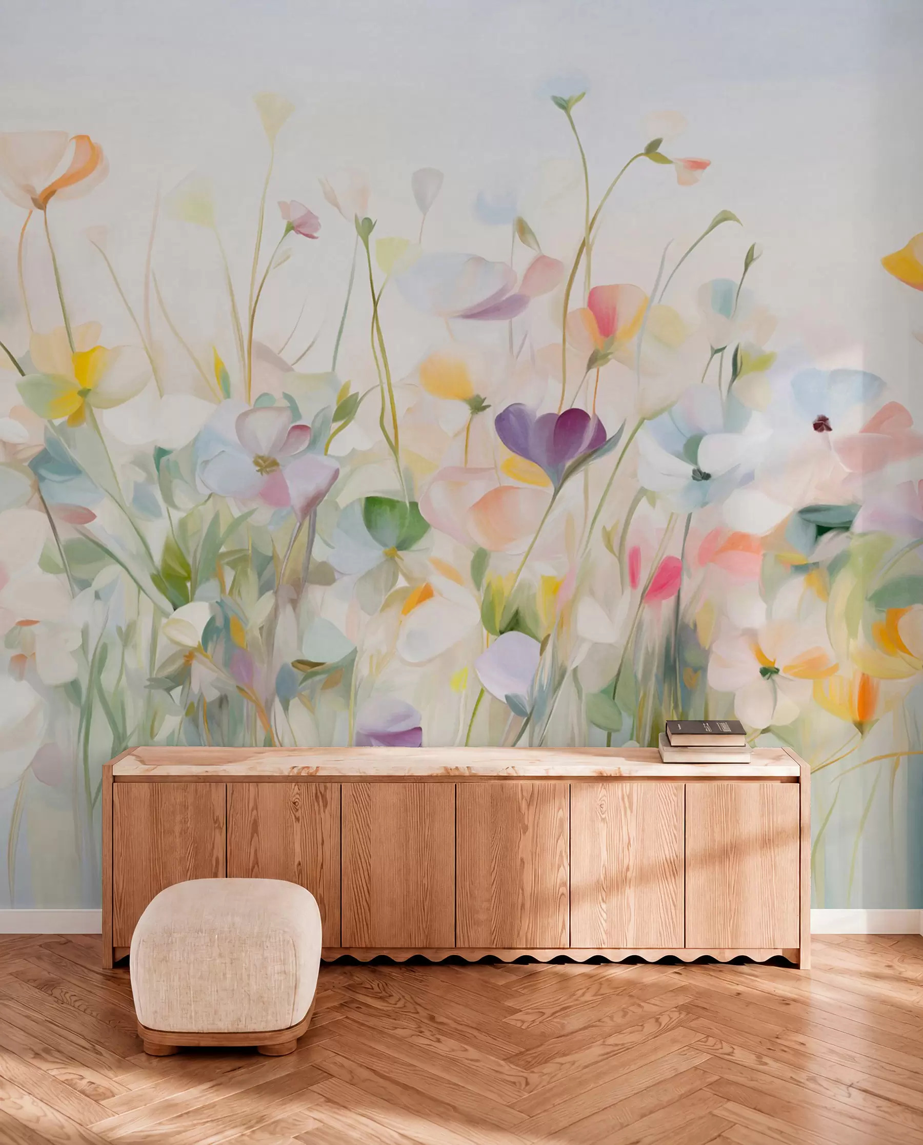 fototapeter Abstrakt felt med fargerike blomster med lange stilker og grønne blader, strukturert, pastellfarger, lyse farger w09466