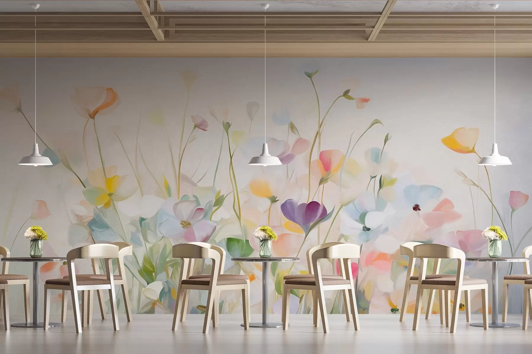 fototapeter Abstrakt felt med fargerike blomster med lange stilker og grønne blader, strukturert, pastellfarger, lyse farger w09466