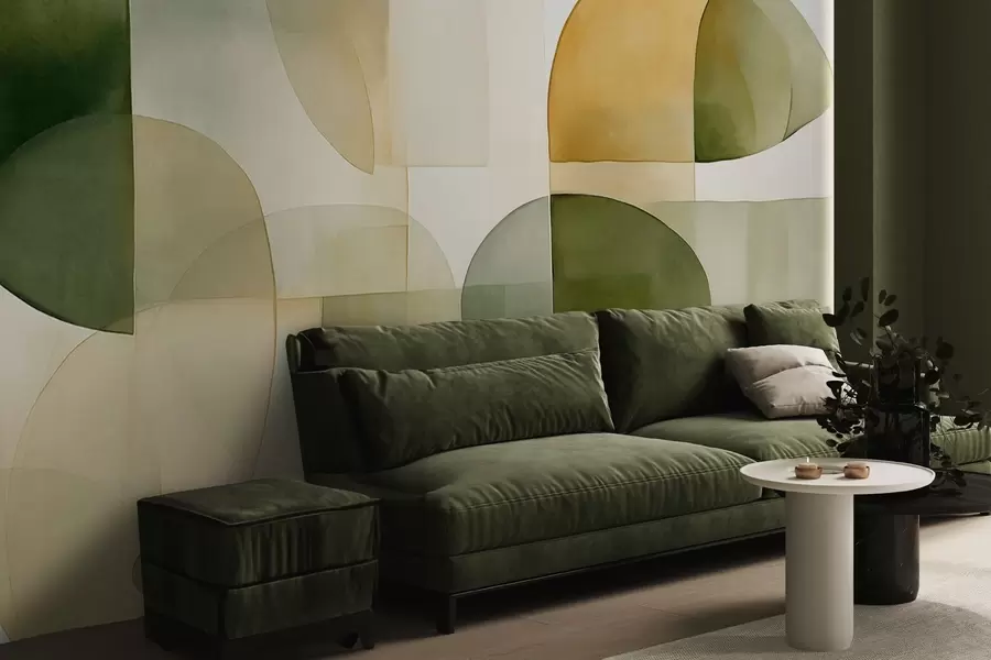 fototapeter Abstrakte teksturerte former i nyanser av grønt og gult, dempede toner, minimalistisk komposisjon, nøytral bakgrunn w09467