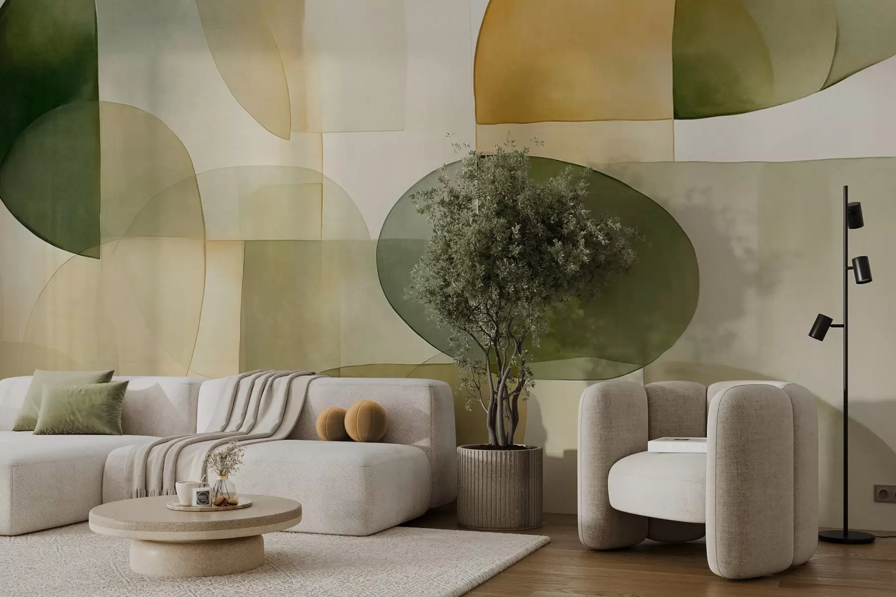 fototapeter Abstrakte teksturerte former i nyanser av grønt og gult, dempede toner, minimalistisk komposisjon, nøytral bakgrunn w09467