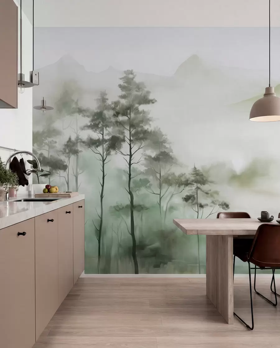 fototapeter Tåkete landskap med høye trær og fjell i dempede grønn- og gråtoner, minimalistisk stil, strukturert w09469