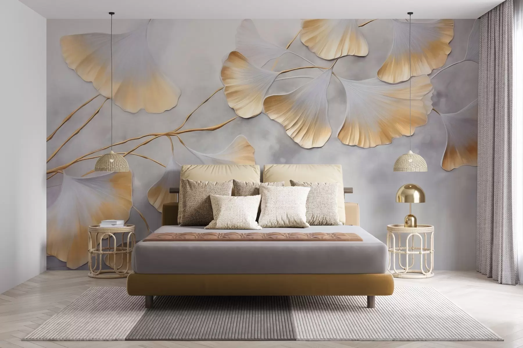 fototapeter Ginkgo biloba-blader med gule kanter på en gren, grå strukturert bakgrunn, elegant og minimalistisk design w09472