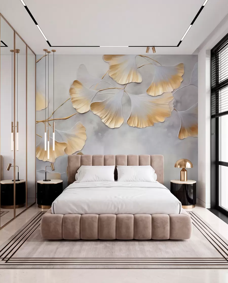 fototapeter Ginkgo biloba-blader med gule kanter på en gren, grå strukturert bakgrunn, elegant og minimalistisk design w09472