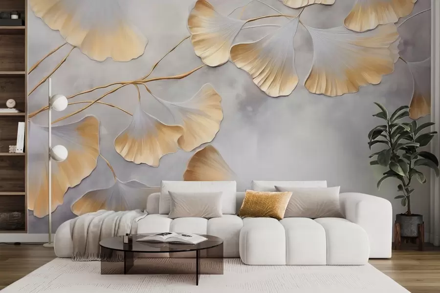 fototapeter Ginkgo biloba-blader med gule kanter på en gren, grå strukturert bakgrunn, elegant og minimalistisk design w09472