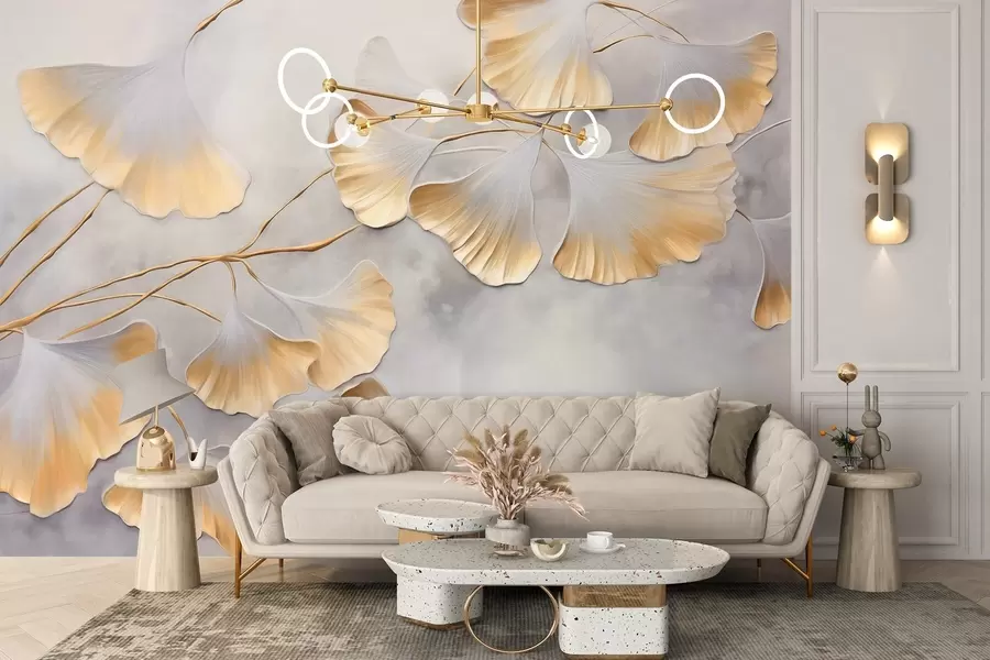 fototapeter Ginkgo biloba-blader med gule kanter på en gren, grå strukturert bakgrunn, elegant og minimalistisk design w09472