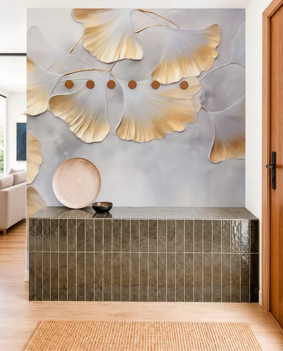 fototapeter Ginkgo biloba-blader med gule kanter på en gren, grå strukturert bakgrunn, elegant og minimalistisk design w09472