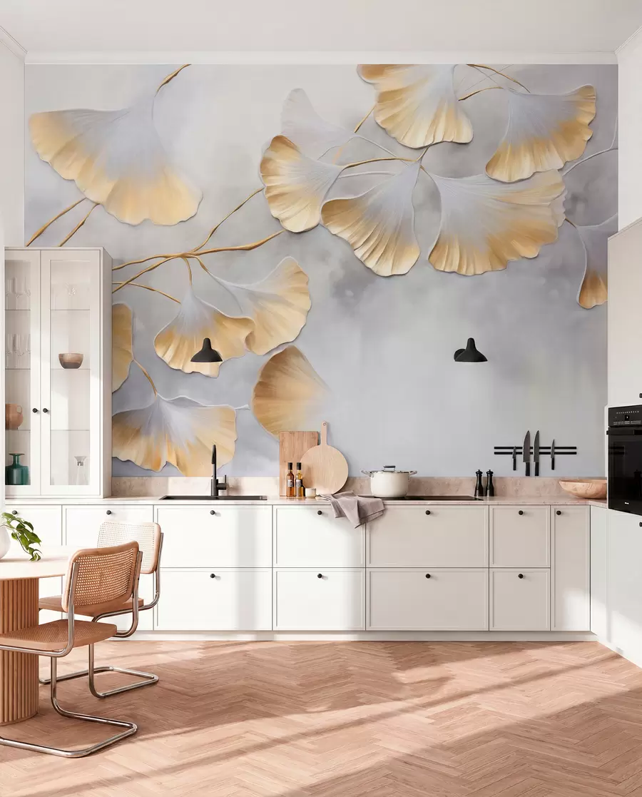 fototapeter Ginkgo biloba-blader med gule kanter på en gren, grå strukturert bakgrunn, elegant og minimalistisk design w09472