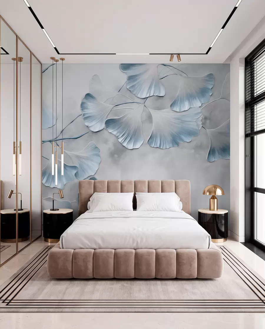 fototapeter Ginkgo biloba-blader med blå kanter på en gren, grå strukturert bakgrunn, elegant og minimalistisk design w09472v1