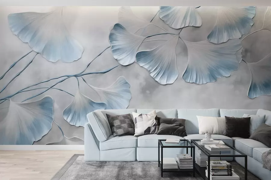 fototapeter Ginkgo biloba-blader med blå kanter på en gren, grå strukturert bakgrunn, elegant og minimalistisk design w09472v1