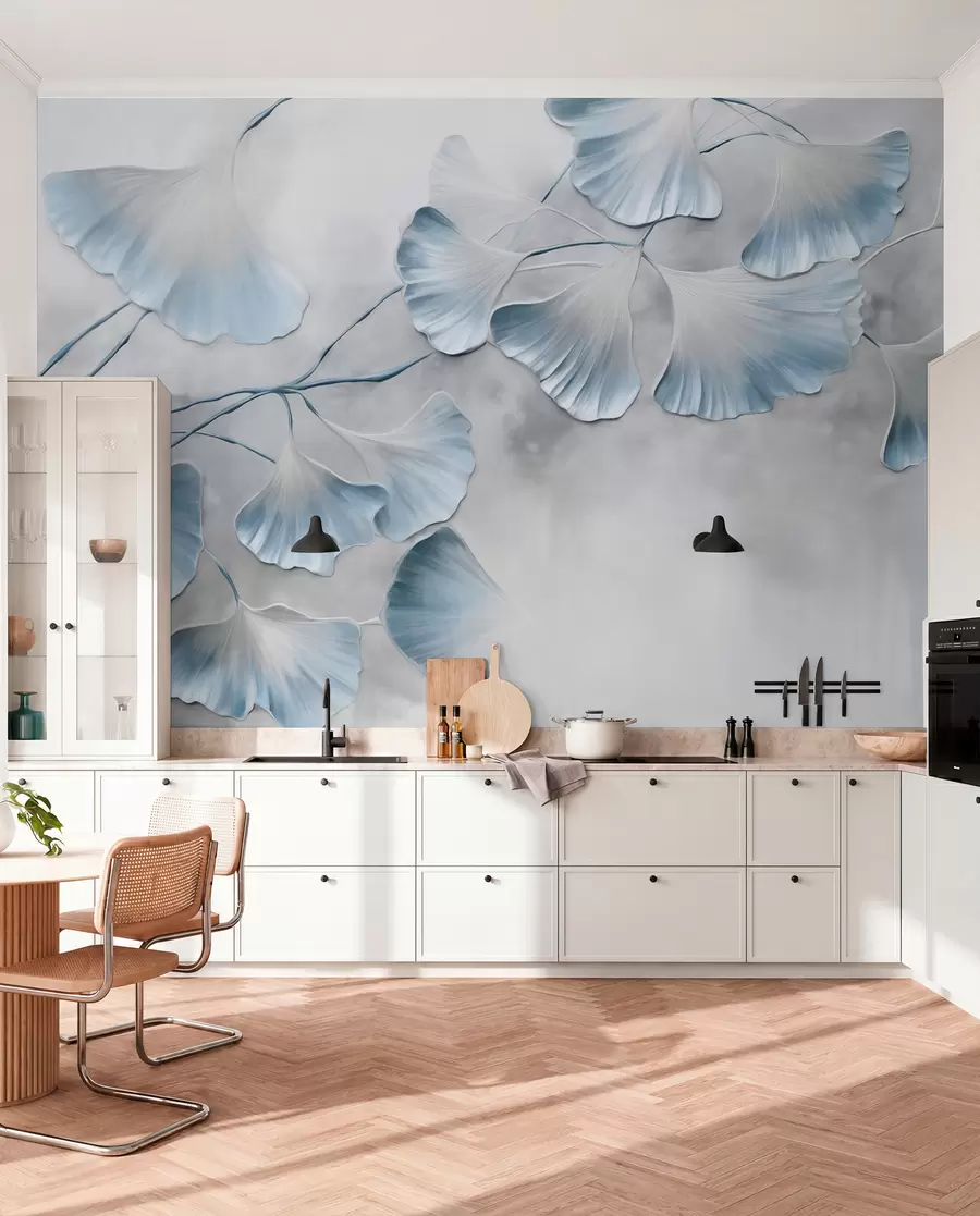 fototapeter Ginkgo biloba-blader med blå kanter på en gren, grå strukturert bakgrunn, elegant og minimalistisk design w09472v1