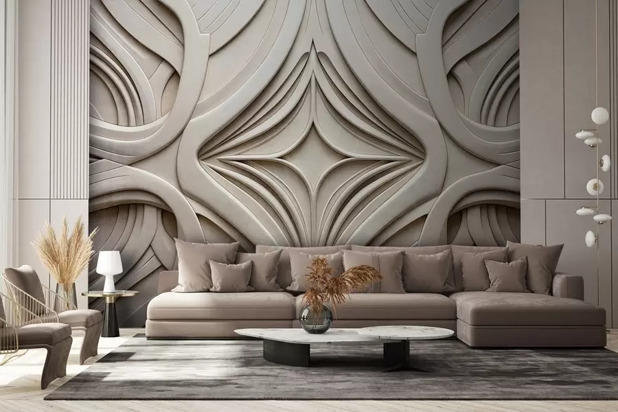 fototapeter Abstrakt symmetrisk teksturert geometrisk mønster, lys beige farge, art deco-stil, intrikate detaljer w09473