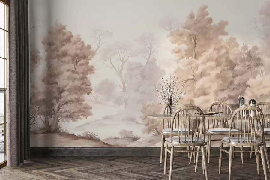 fototapeter Teksturert landskapsmaleri som imiterer en skog med høye trær og gress, dempede og myke farger, beroligende scene w09474