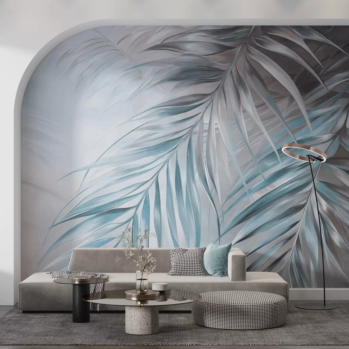 fototapeter Palmeblader med grå og blå toner, lys strukturert bakgrunn med myke farger, elegant tropisk stil w09475v1