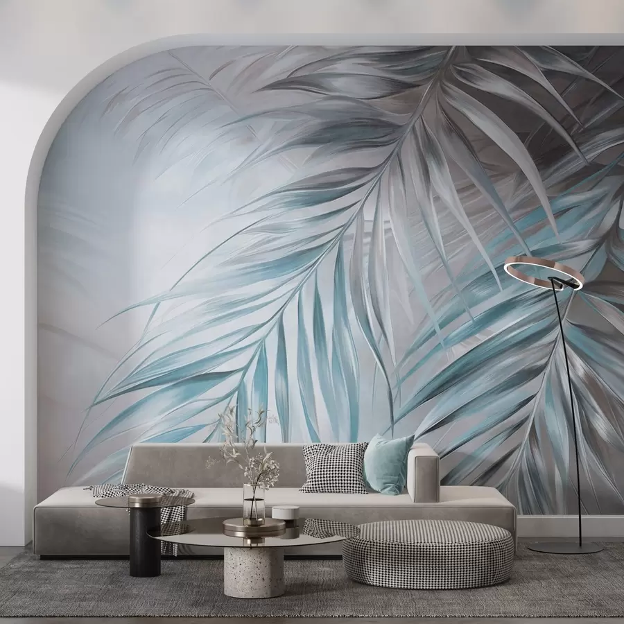 fototapeter Palmeblader med grå og blå toner, lys strukturert bakgrunn med myke farger, elegant tropisk stil w09475v1