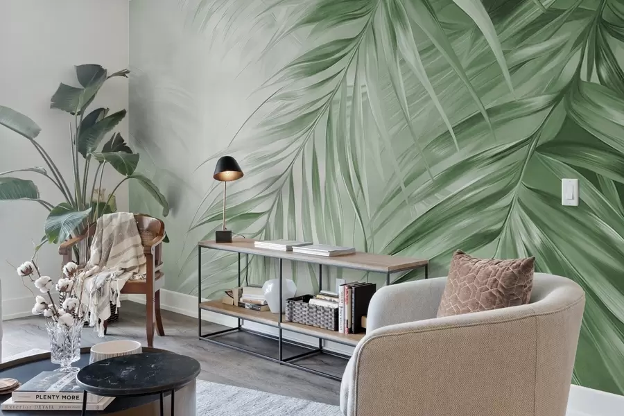 fototapeter Palmeblader med grønne toner, lys strukturert bakgrunn med myke farger, elegant tropisk stil w09475v2