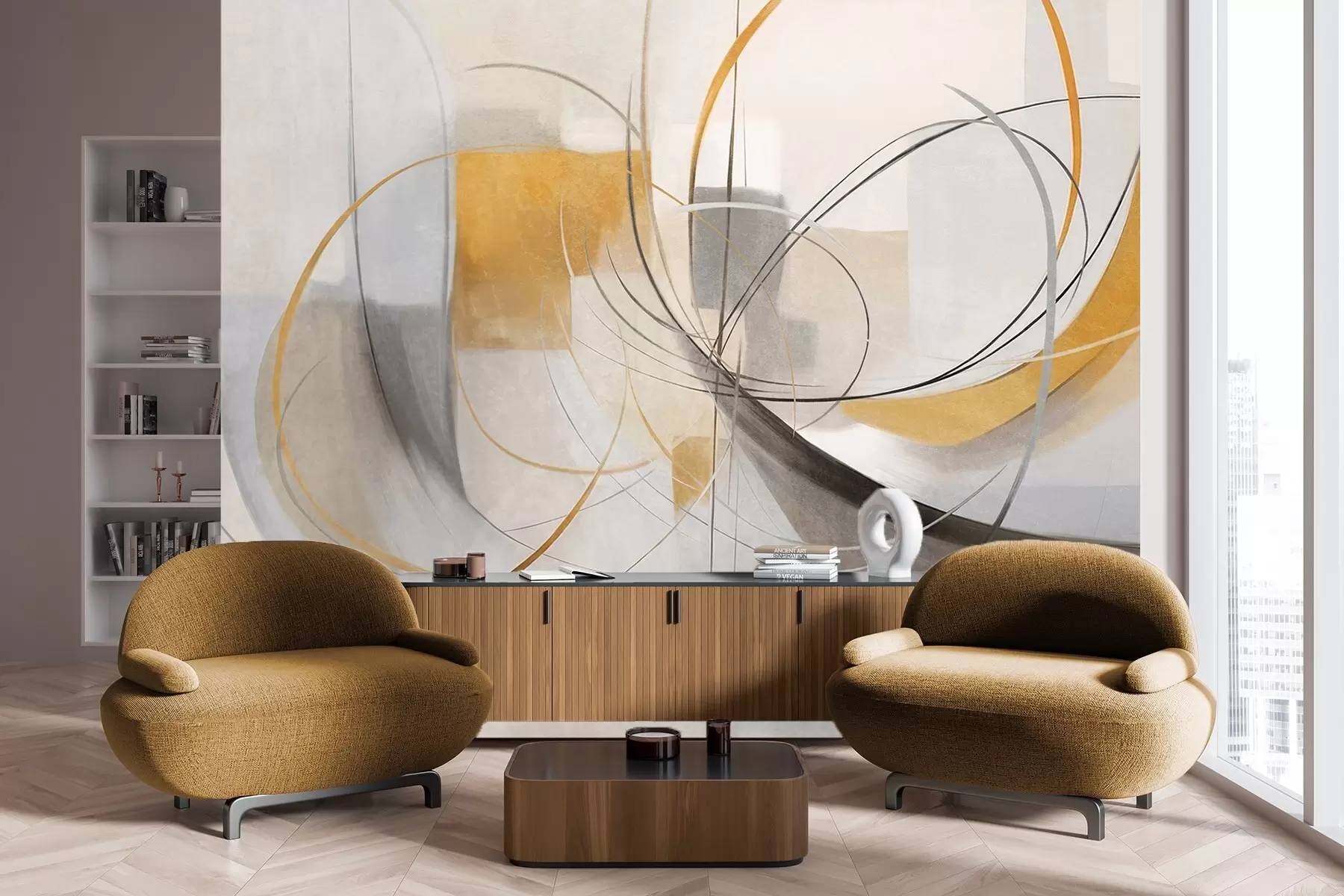 fototapeter Abstrakt, strukturert, moderne maleristil med buede linjer og geometriske former i nyanser av grått, hvitt og oransje w09476