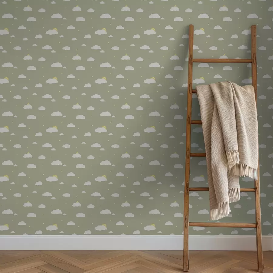 fototapeter Myke skyer, stjerner og sol på en grønngrå bakgrunn a00652v1