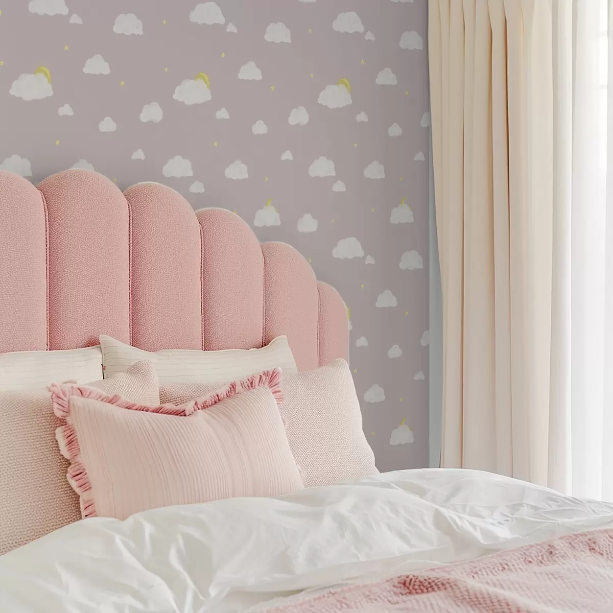 Bakgrunn Myke skyer, stjerner og sol på en rosa-grå bakgrunn a00652v2