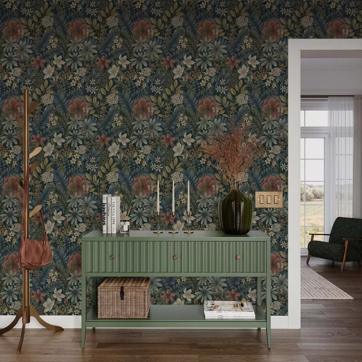 Bakgrunn Mørk bakgrunn med tette blomster og blader i varme farger a00678