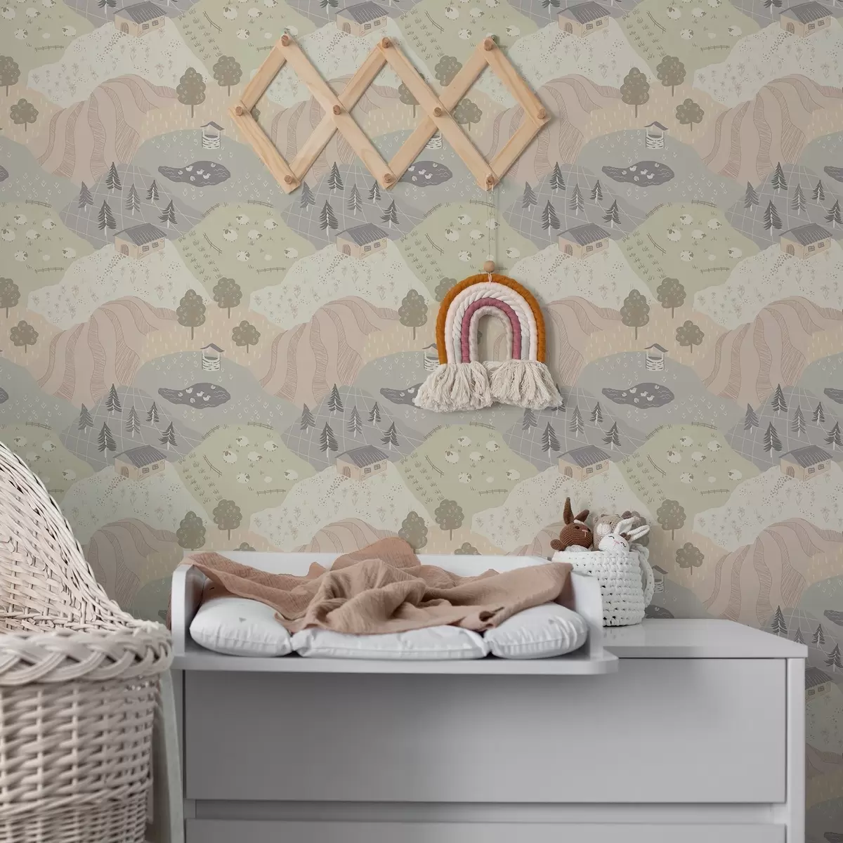 Bakgrunn Eventyrlig landsbygd med trær, gjess og sauer a00728