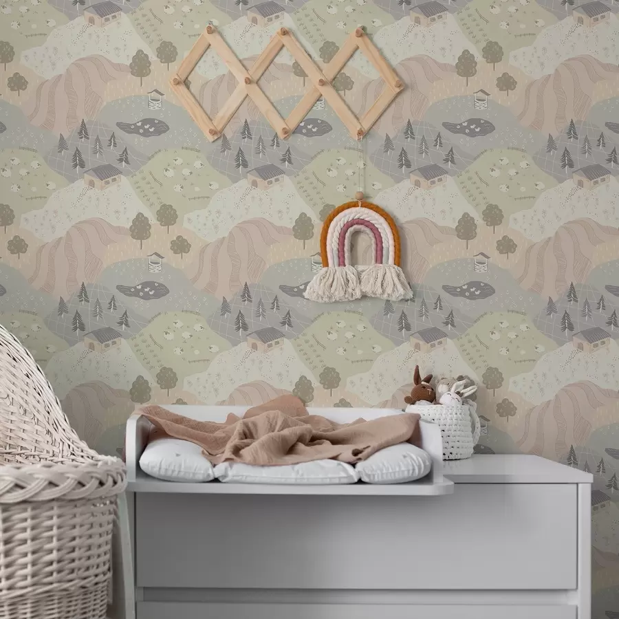 fototapeter Eventyrlig landsbygd med trær, gjess og sauer a00728