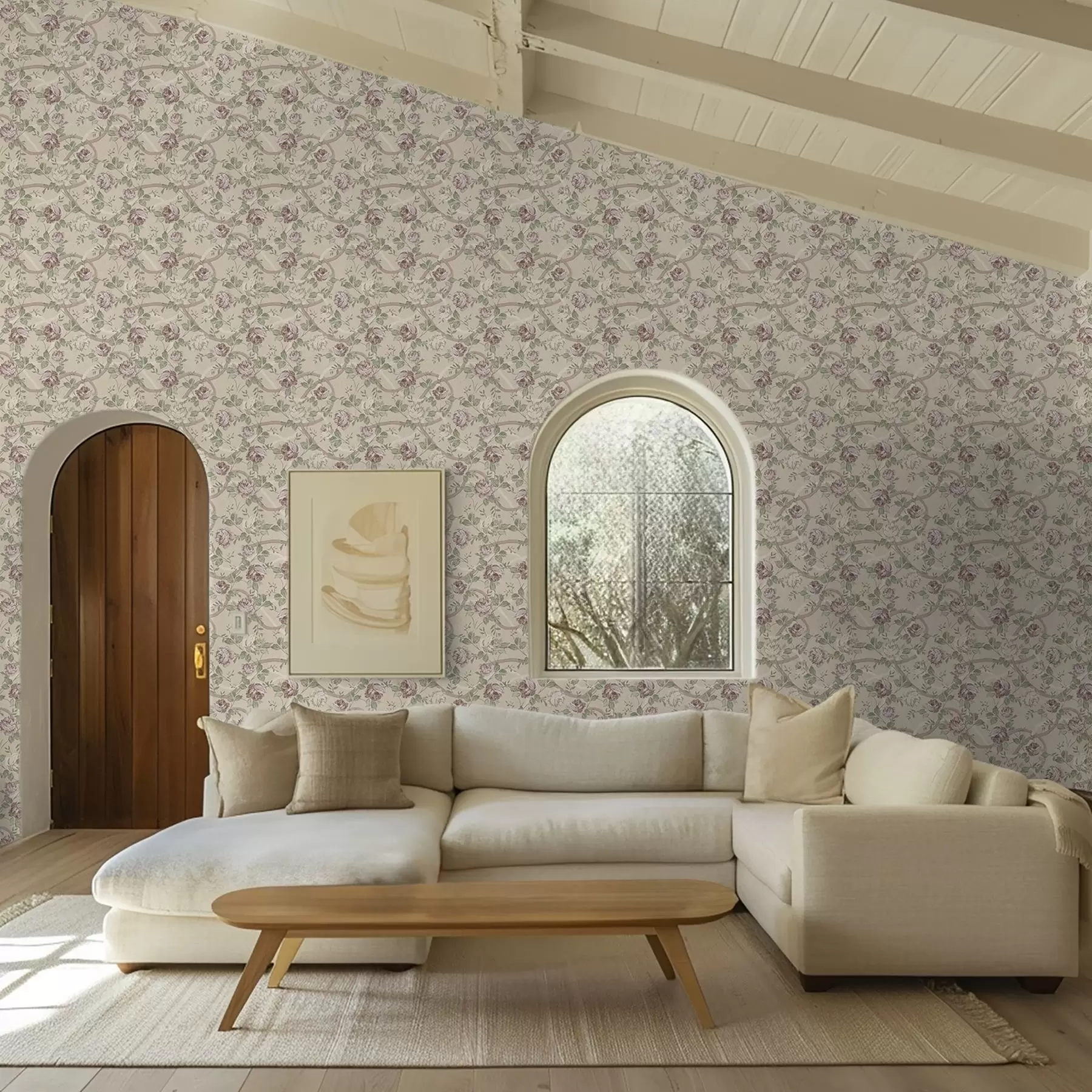 fototapeter Roser med grønne blader på en varm beige bakgrunn a00729