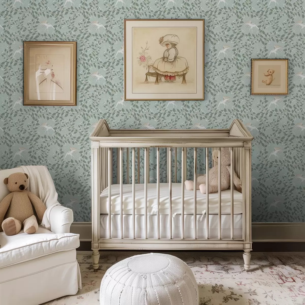 Bakgrunn Grener med hvite bær og fugler på grønn bakgrunn a00731